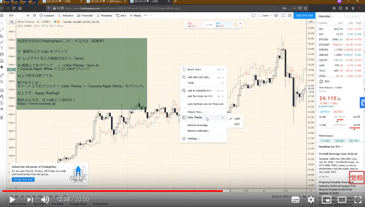 目に優しいチャート設定を簡単コピペで手に入れる(動画あり)-TradingView